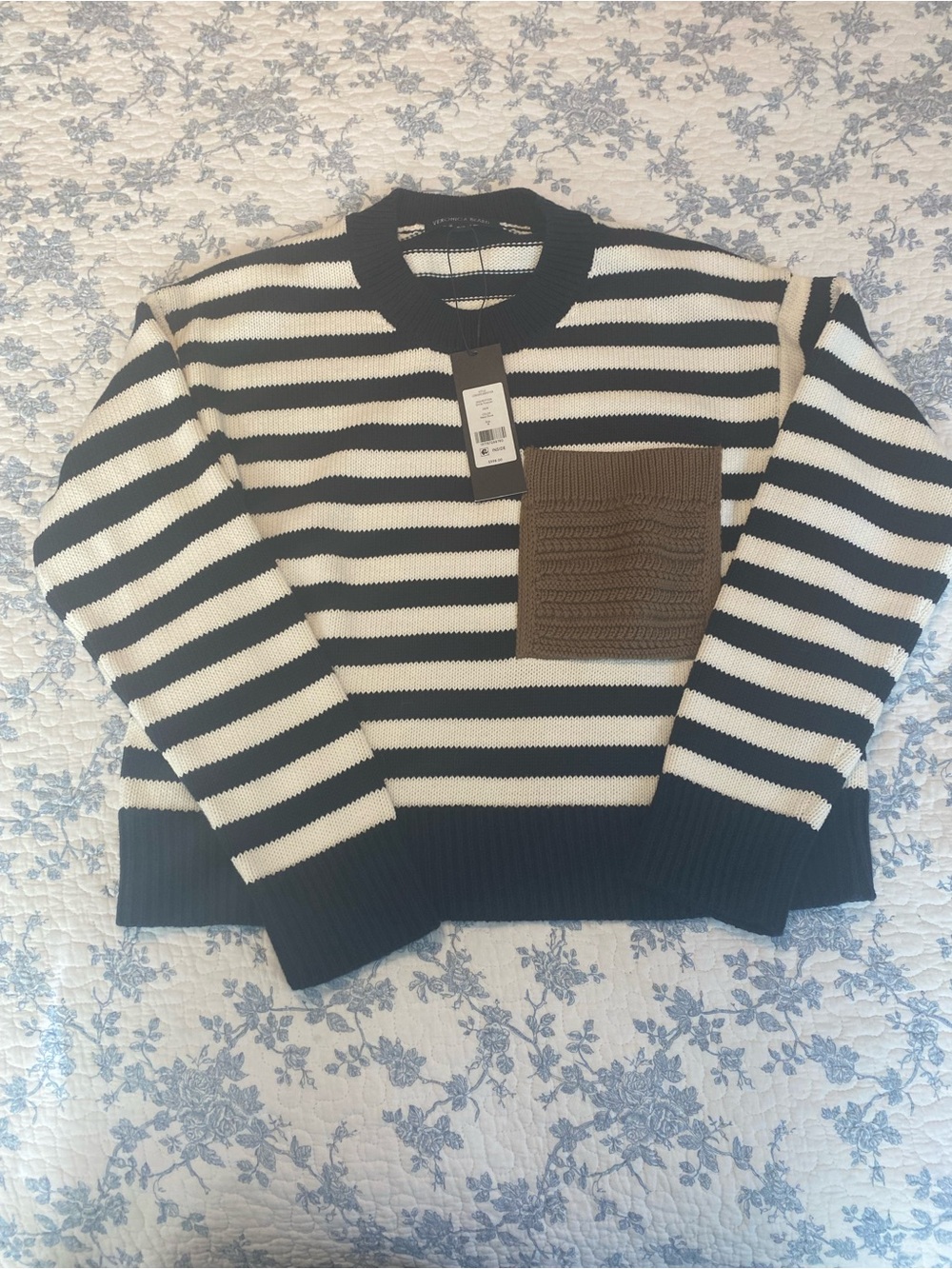Veronica Beard Emile Striped Pullover Sweater Navy Dove Contrast Pocket NWT M